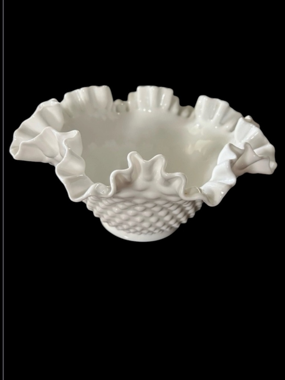 Vintage Fenton MilkGlass Hobnail Ruffled Crimped Bowl